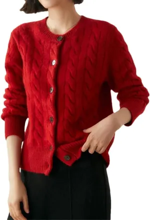 Women's Cashmere Sweater O-Neck Cable Knit Cardigan Knitwear Thickened Soft Coat Tops