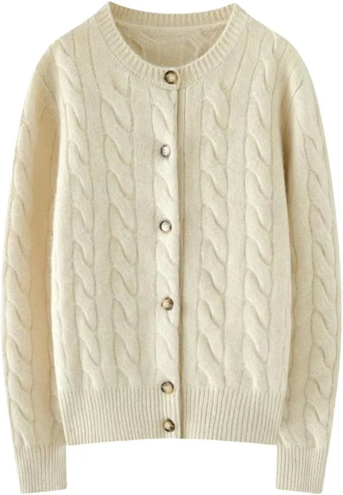 Women's Cashmere Sweater O-Neck Cable Knit Cardigan Knitwear Thickened Soft Coat Tops