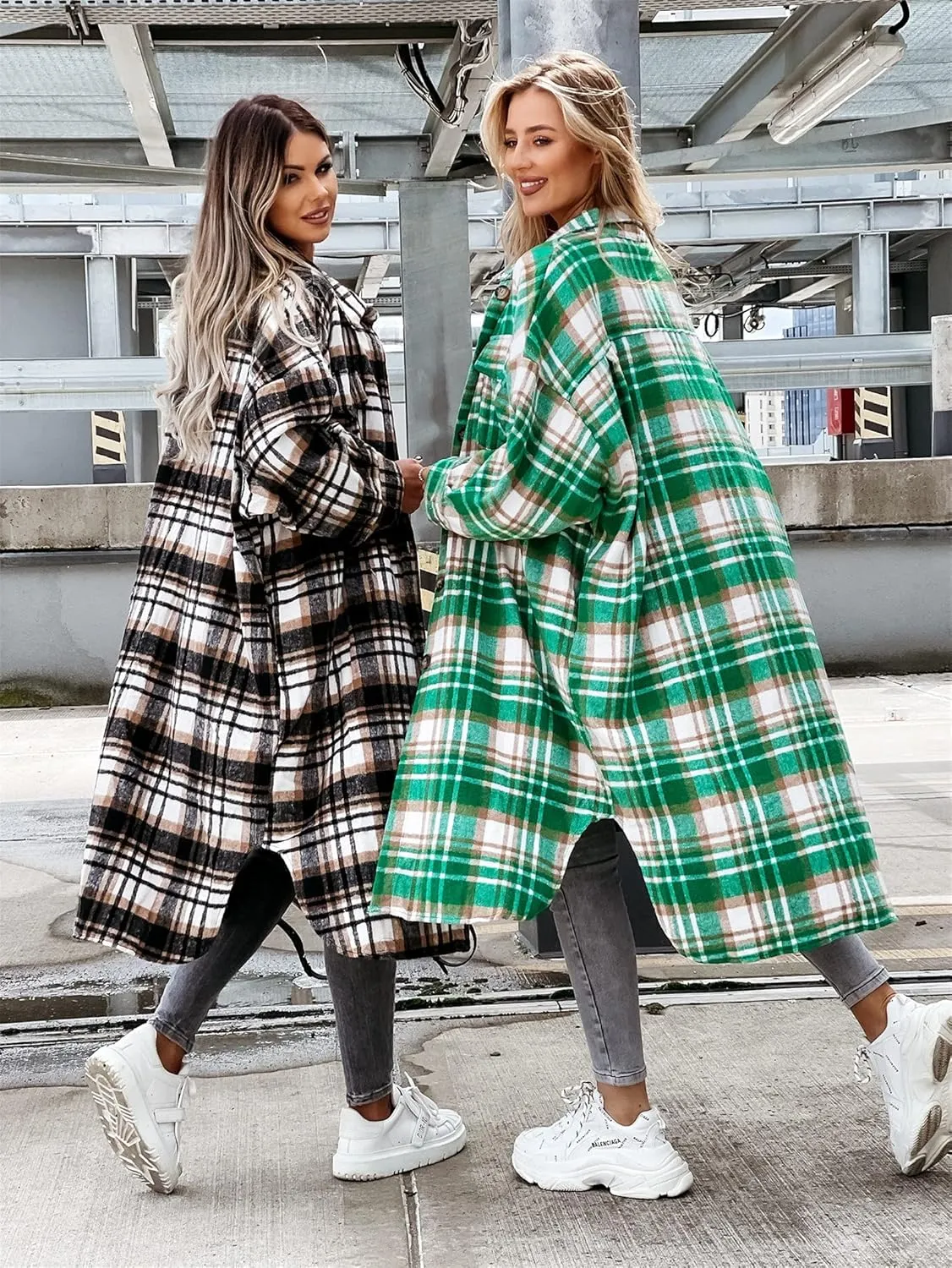 Womens Casual Long Sleeve Button Down Lapel Plaid Shirt Shacket Jacket Wool Blend Oversize Pocketed Long Coat Outwear
