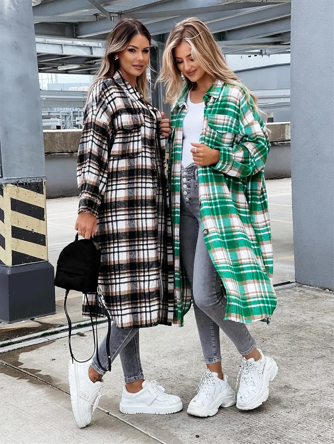 Womens Casual Long Sleeve Button Down Lapel Plaid Shirt Shacket Jacket Wool Blend Oversize Pocketed Long Coat Outwear