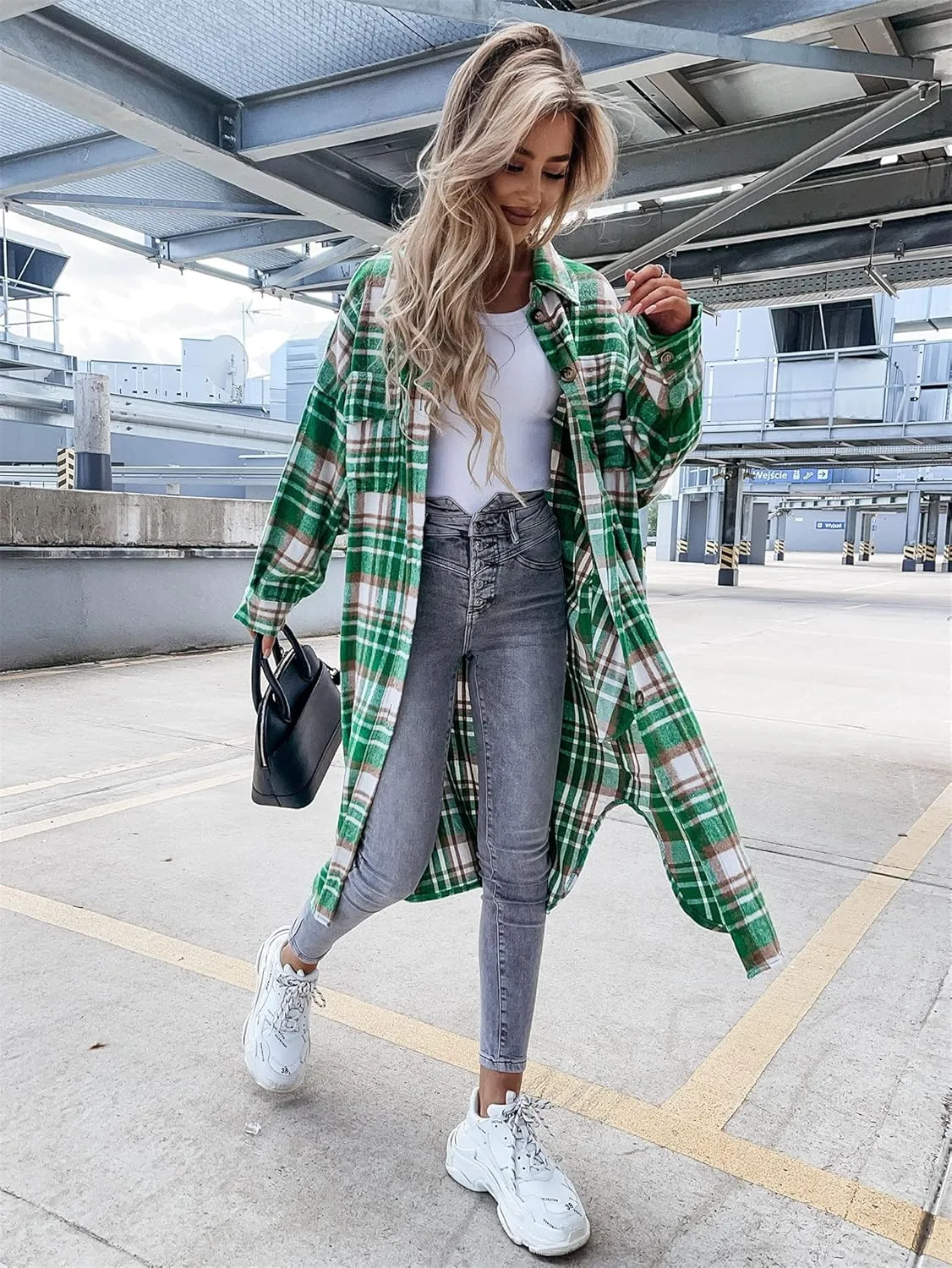 Womens Casual Long Sleeve Button Down Lapel Plaid Shirt Shacket Jacket Wool Blend Oversize Pocketed Long Coat Outwear