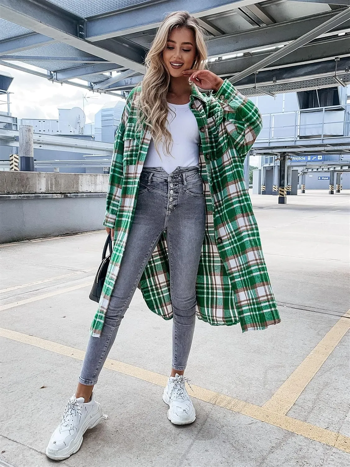 Womens Casual Long Sleeve Button Down Lapel Plaid Shirt Shacket Jacket Wool Blend Oversize Pocketed Long Coat Outwear