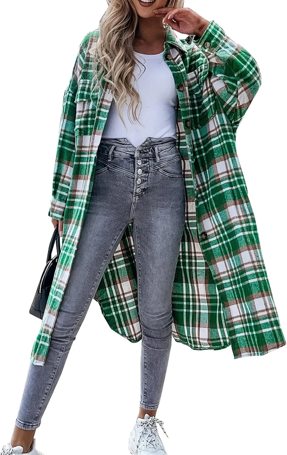 Womens Casual Long Sleeve Button Down Lapel Plaid Shirt Shacket Jacket Wool Blend Oversize Pocketed Long Coat Outwear