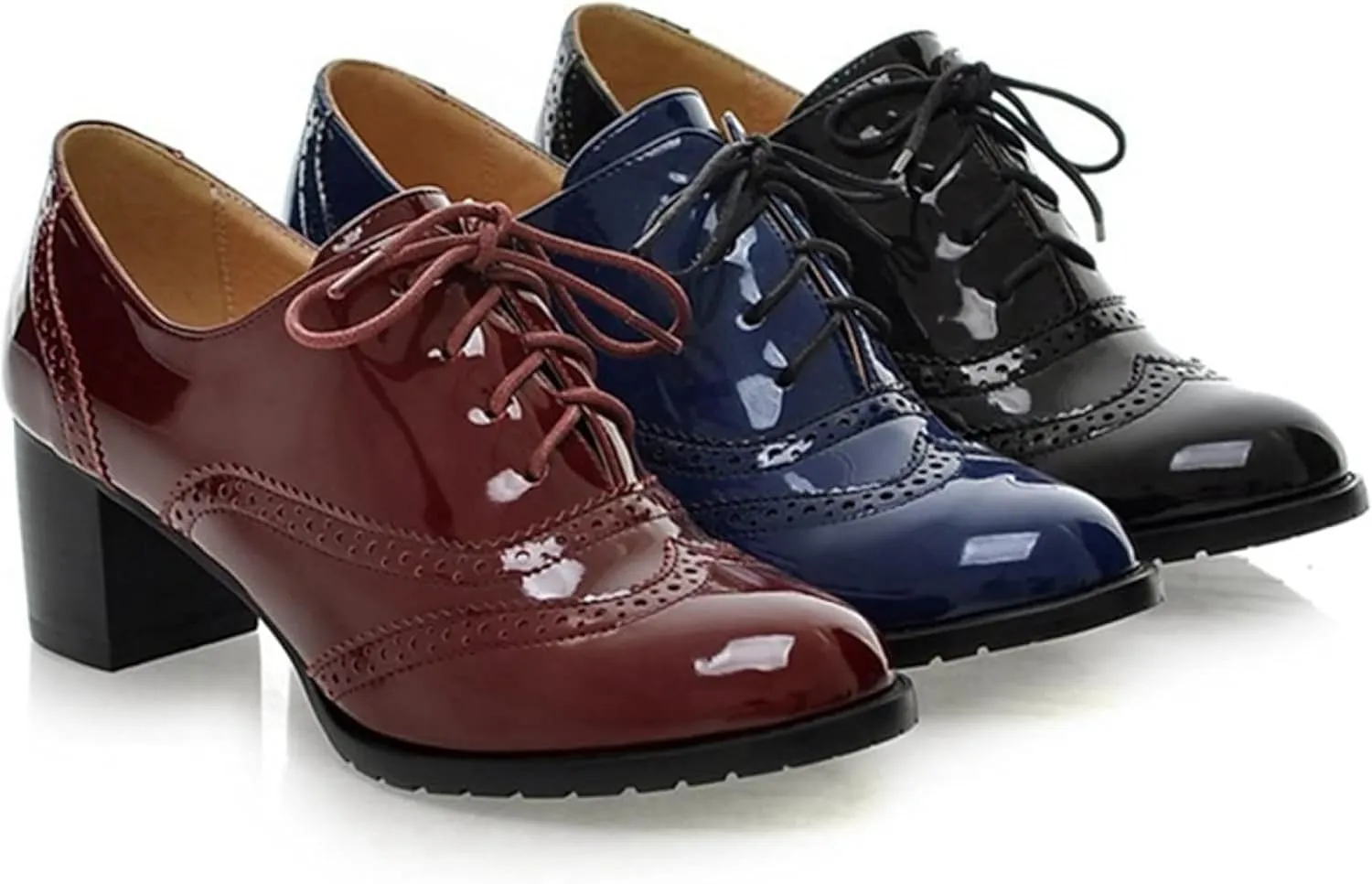 Women's Casual Oxford Shoes Lace up High Heels Patent Leather Round Toe Dress Brogues Women's Office Shoes