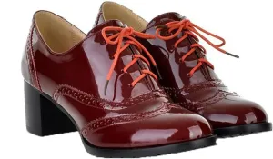Women's Casual Oxford Shoes Lace up High Heels Patent Leather Round Toe Dress Brogues Women's Office Shoes