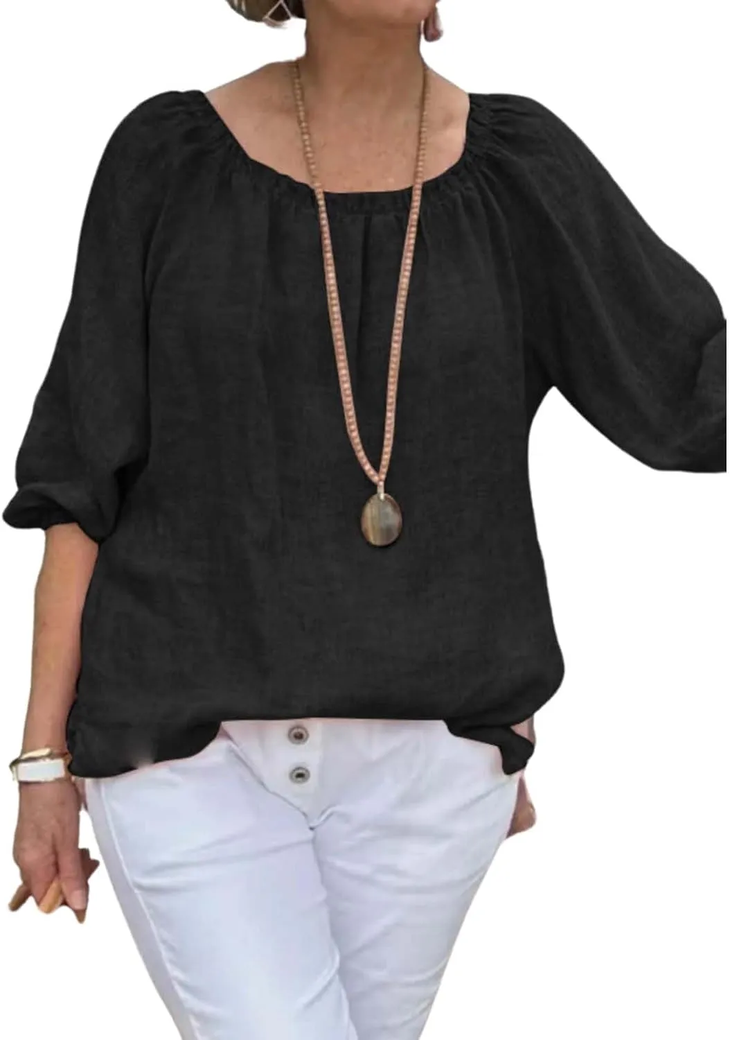 Womens Cotton Linen Pleated Crew Neck Tops Casual Half Puff Sleeve Pullover Summer Trendy Loose Tunic Shirts