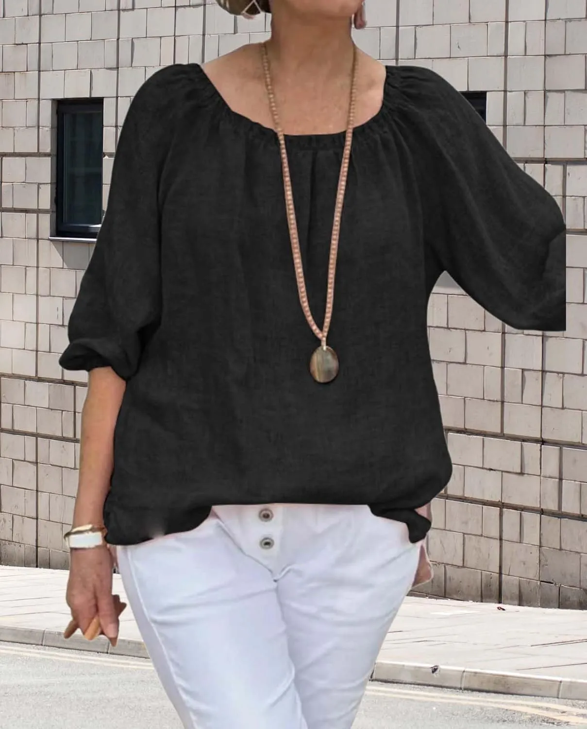Womens Cotton Linen Pleated Crew Neck Tops Casual Half Puff Sleeve Pullover Summer Trendy Loose Tunic Shirts