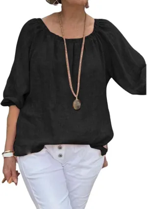 Womens Cotton Linen Pleated Crew Neck Tops Casual Half Puff Sleeve Pullover Summer Trendy Loose Tunic Shirts