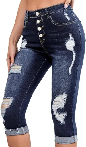 Women's Cutout Slim Pants Mid Rise Skinny Ripped Stretchy Cropped Jeans Elastic Waist Stretch Denim Pants
