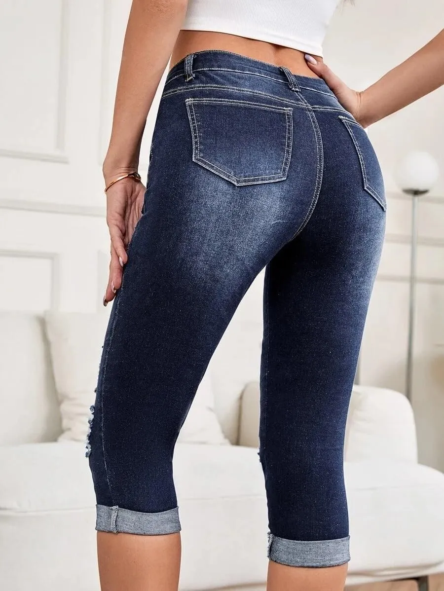 Women's Cutout Slim Pants Mid Rise Skinny Ripped Stretchy Cropped Jeans Elastic Waist Stretch Denim Pants