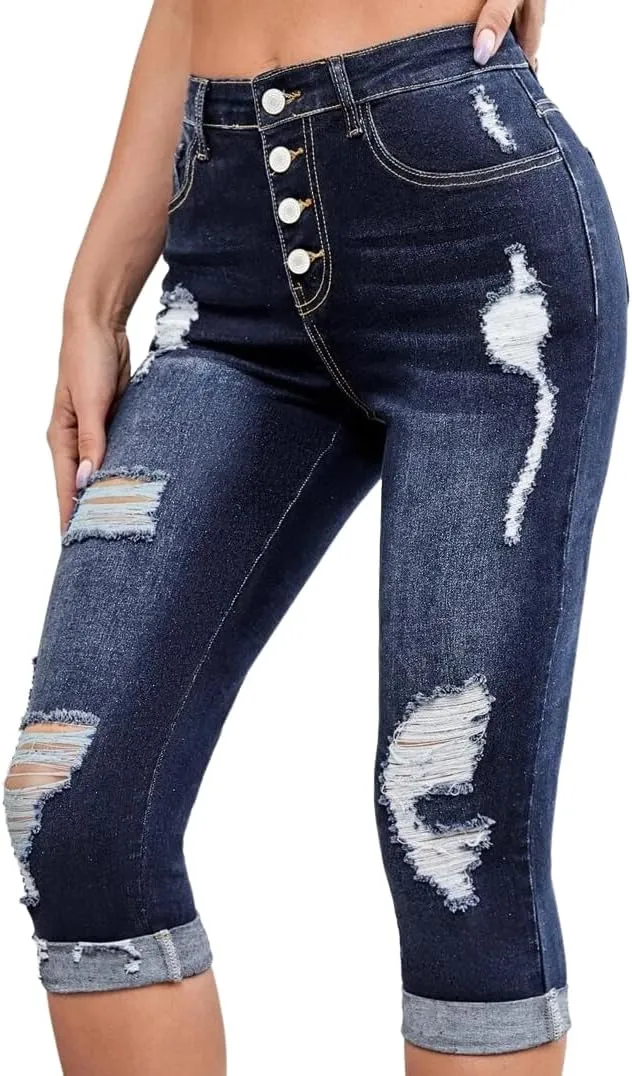 Women's Cutout Slim Pants Mid Rise Skinny Ripped Stretchy Cropped Jeans Elastic Waist Stretch Denim Pants