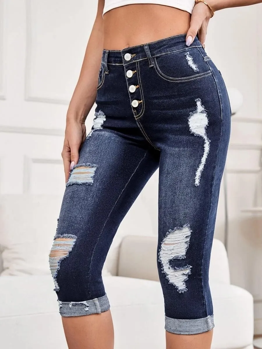 Women's Cutout Slim Pants Mid Rise Skinny Ripped Stretchy Cropped Jeans Elastic Waist Stretch Denim Pants