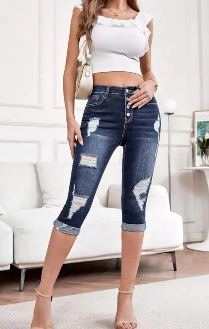 Women's Cutout Slim Pants Mid Rise Skinny Ripped Stretchy Cropped Jeans Elastic Waist Stretch Denim Pants
