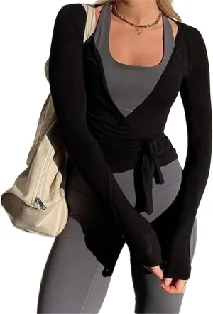 Womens Deep V Neck Cross Wrap Tie Tops Long Sleeve Slim Fit T-Shirts Workout Blouses
