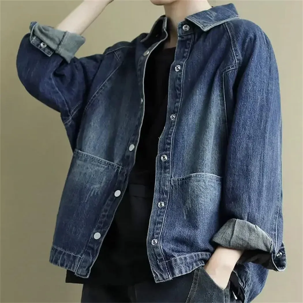 Women's Denim Jackets Solid Outerwears Pocket Spring Autumn Female Jeans Korean Coat
