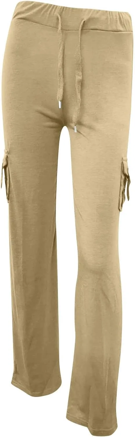 Women's Drawstring Yoga Cargo Pant High Elastic Waist Comfy Sweatpant Multi-Pocket Gym Workout Trouser with Button