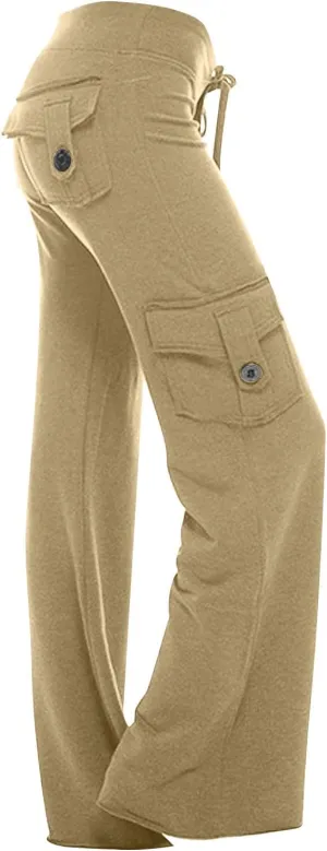 Women's Drawstring Yoga Cargo Pant High Elastic Waist Comfy Sweatpant Multi-Pocket Gym Workout Trouser with Button