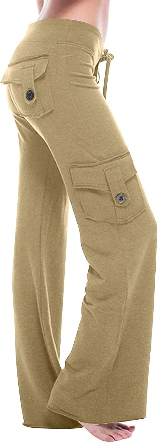 Women's Drawstring Yoga Cargo Pant High Elastic Waist Comfy Sweatpant Multi-Pocket Gym Workout Trouser with Button