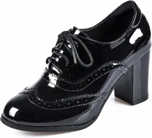 Women's Dress High Heels Patent Leather Lace Oxford Cloth Women's Block Heels Party Shoes