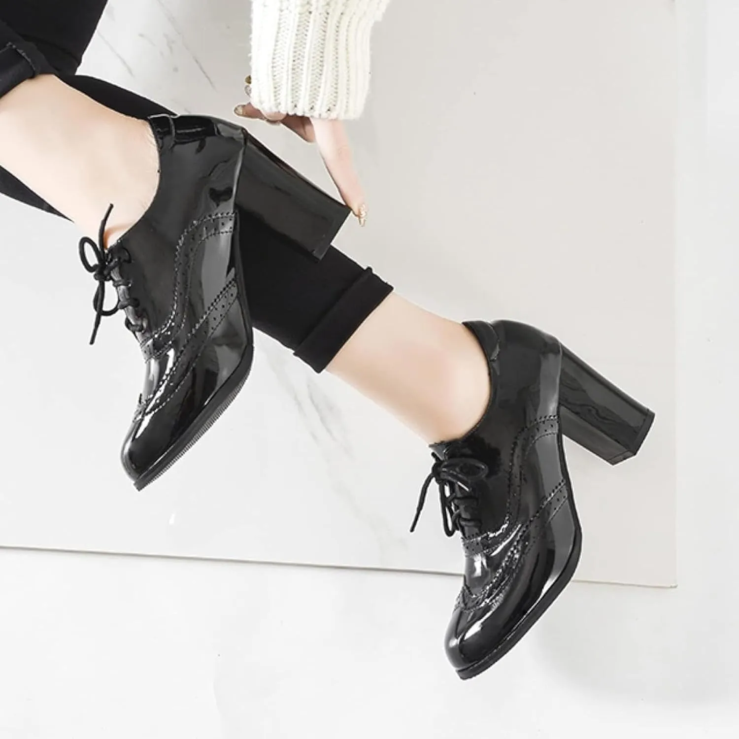 Women's Dress High Heels Patent Leather Lace Oxford Cloth Women's Block Heels Party Shoes