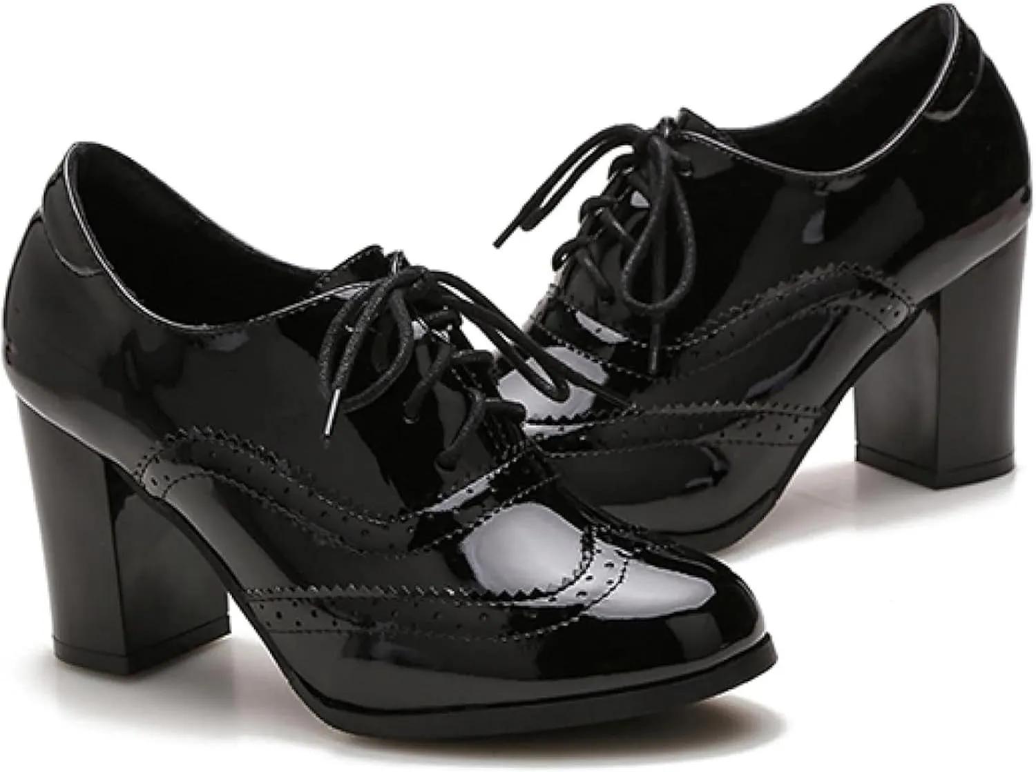 Women's Dress High Heels Patent Leather Lace Oxford Cloth Women's Block Heels Party Shoes