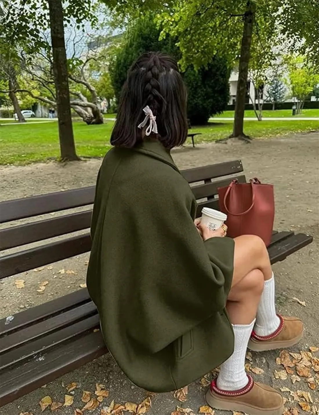 Women's Fall Single Breasted Pea Coat Long Sleeve Turndown Collar Wool Cape Blend Coat with Pockets