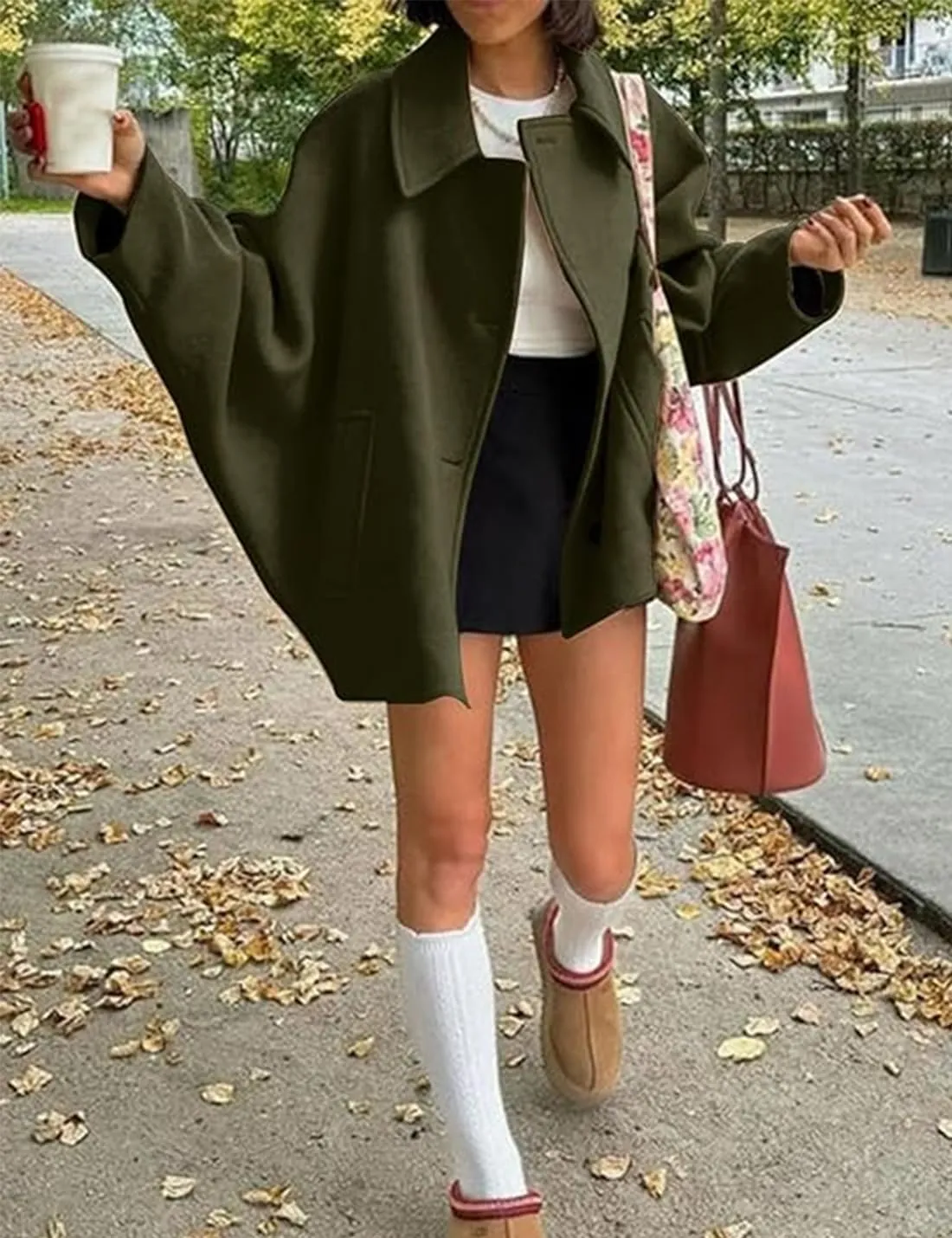 Women's Fall Single Breasted Pea Coat Long Sleeve Turndown Collar Wool Cape Blend Coat with Pockets