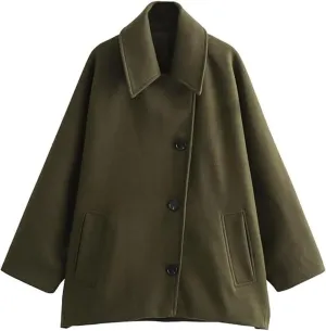 Women's Fall Single Breasted Pea Coat Long Sleeve Turndown Collar Wool Cape Blend Coat with Pockets