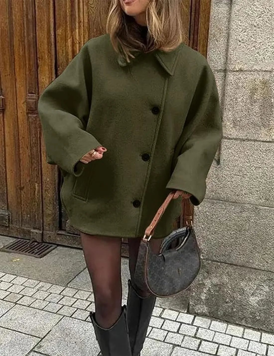Women's Fall Single Breasted Pea Coat Long Sleeve Turndown Collar Wool Cape Blend Coat with Pockets