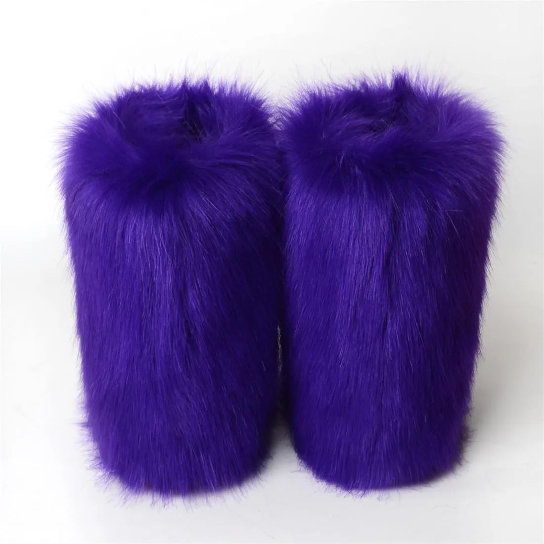 Women's Faux Fur Boots Furry Fluffy Round Toe Mid Calf Snow Boots Warm Fur Lined Flat Shoe Fashion Boots