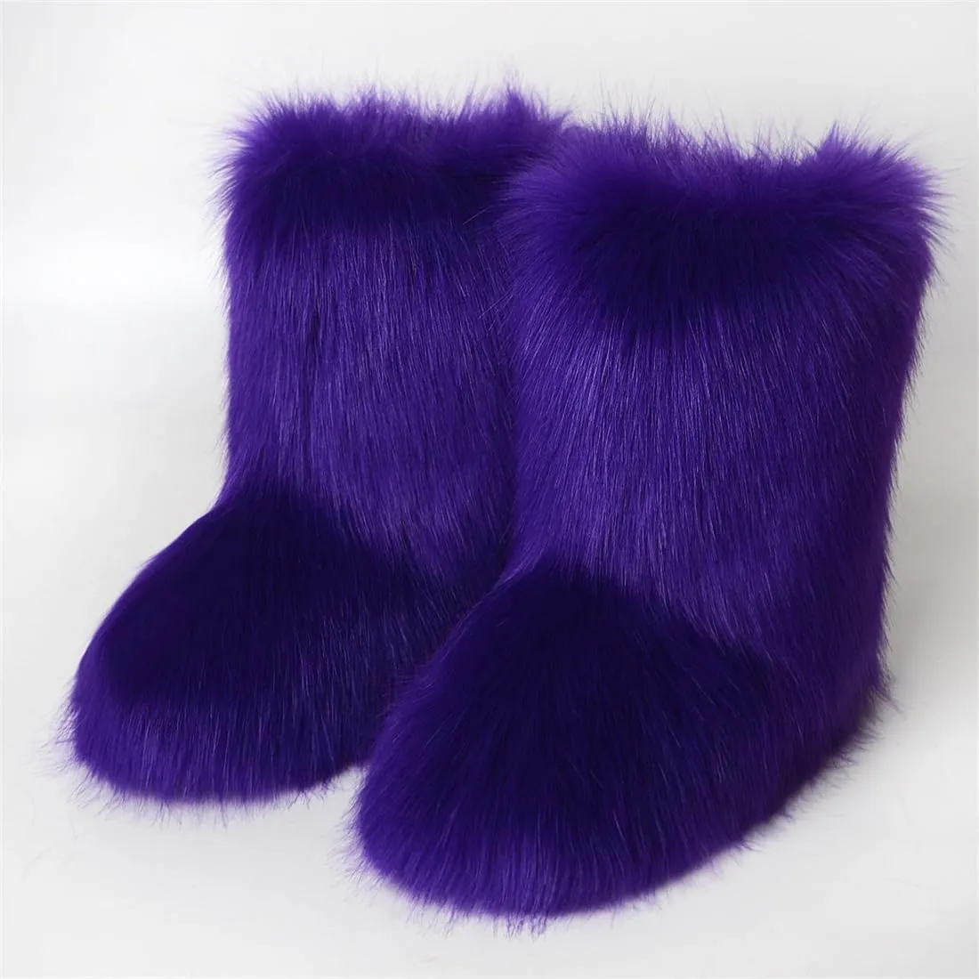 Women's Faux Fur Boots Furry Fluffy Round Toe Mid Calf Snow Boots Warm Fur Lined Flat Shoe Fashion Boots