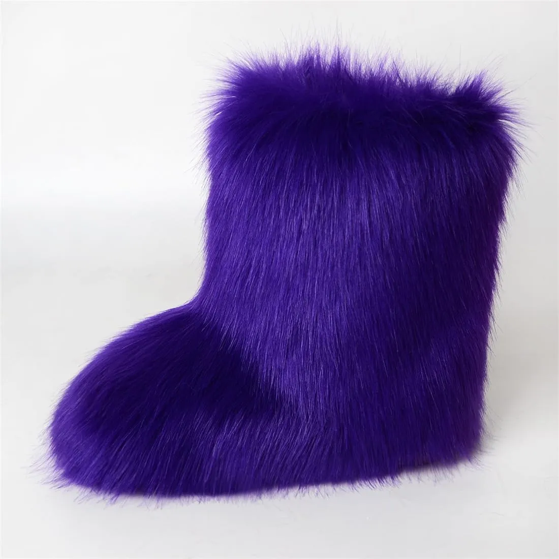 Women's Faux Fur Boots Furry Fluffy Round Toe Mid Calf Snow Boots Warm Fur Lined Flat Shoe Fashion Boots