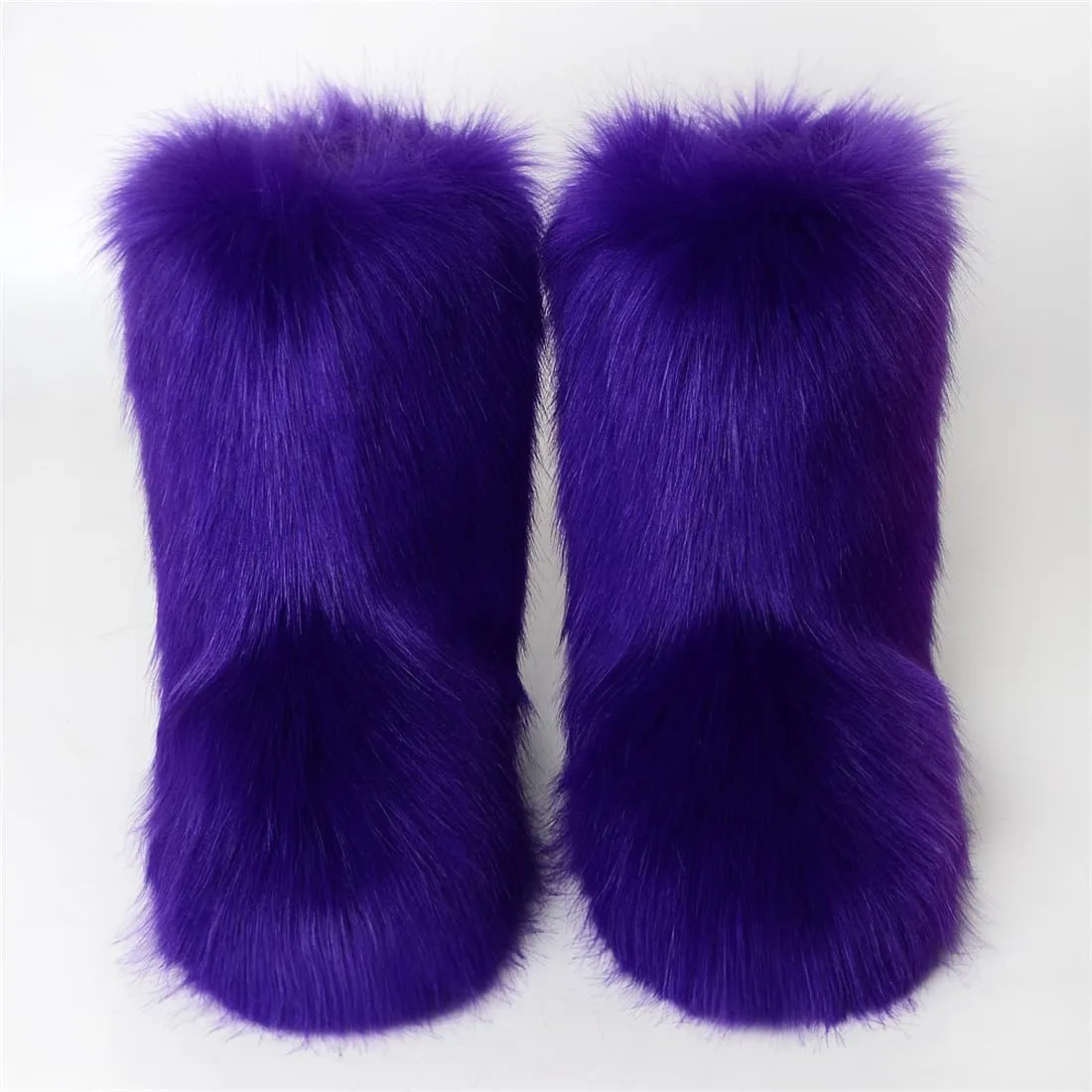 Women's Faux Fur Boots Furry Fluffy Round Toe Mid Calf Snow Boots Warm Fur Lined Flat Shoe Fashion Boots