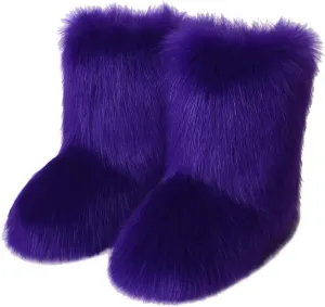 Women's Faux Fur Boots Furry Fluffy Round Toe Mid Calf Snow Boots Warm Fur Lined Flat Shoe Fashion Boots