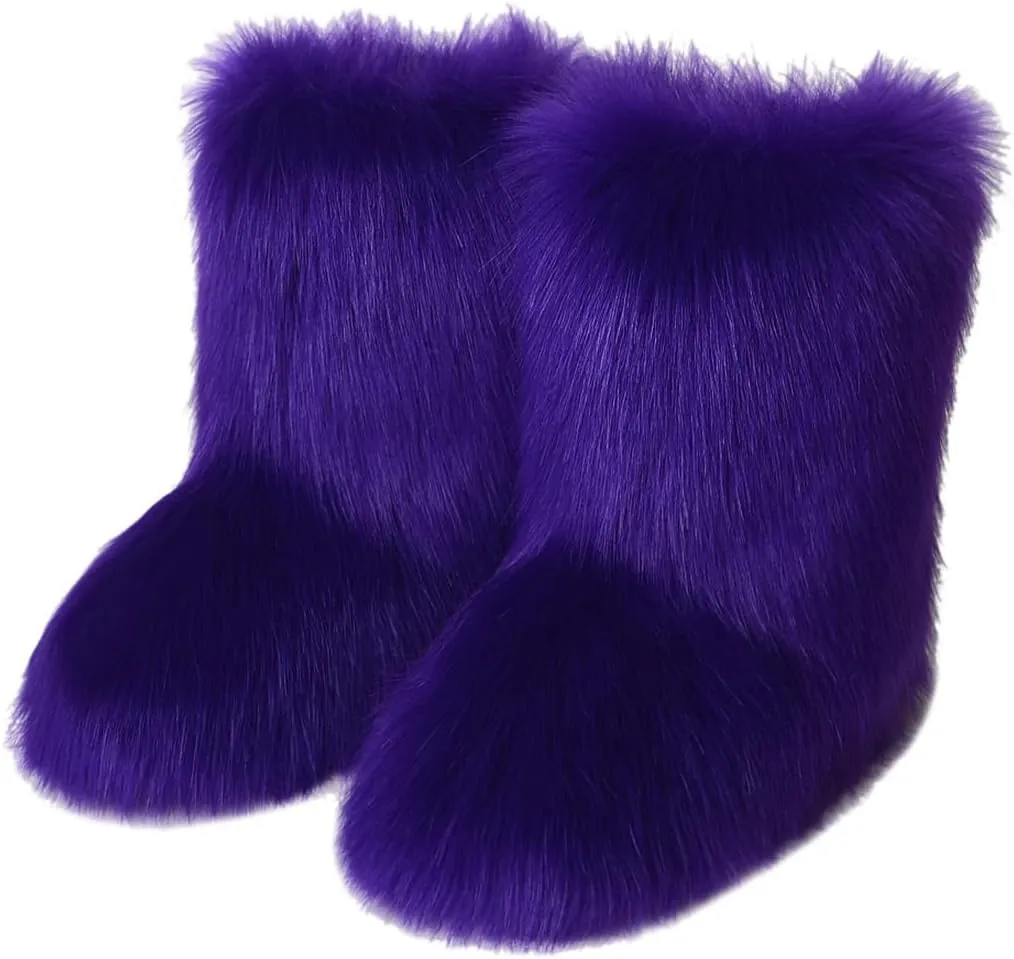 Women's Faux Fur Boots Furry Fluffy Round Toe Mid Calf Snow Boots Warm Fur Lined Flat Shoe Fashion Boots