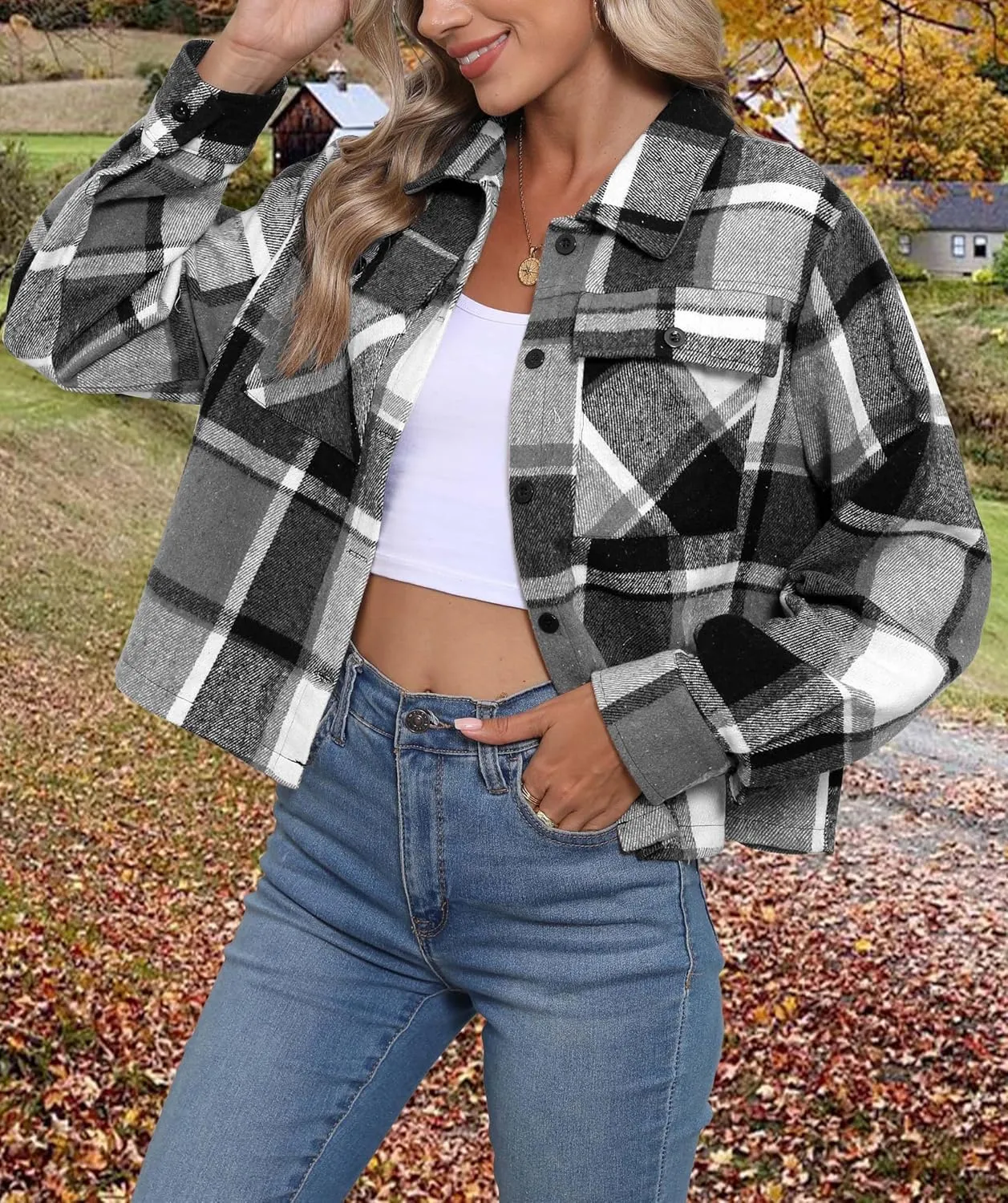 Women's Flannels Cropped Shacket Jacket Fashion Plaid Button Down Shirt 2025 Fall Coat Tops