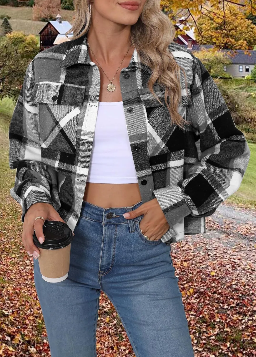 Women's Flannels Cropped Shacket Jacket Fashion Plaid Button Down Shirt 2025 Fall Coat Tops
