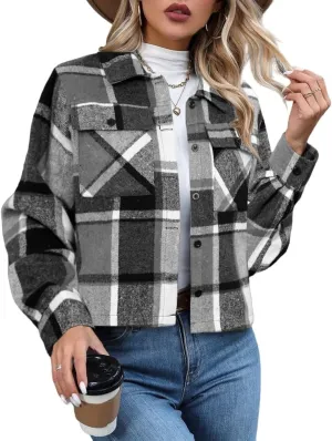 Women's Flannels Cropped Shacket Jacket Fashion Plaid Button Down Shirt 2025 Fall Coat Tops
