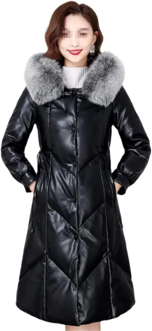 Womens Fur Collar Hooded Coat Women's Down Leather Jacket Winter Down Coat Long Female Puffer Parkas Outwear