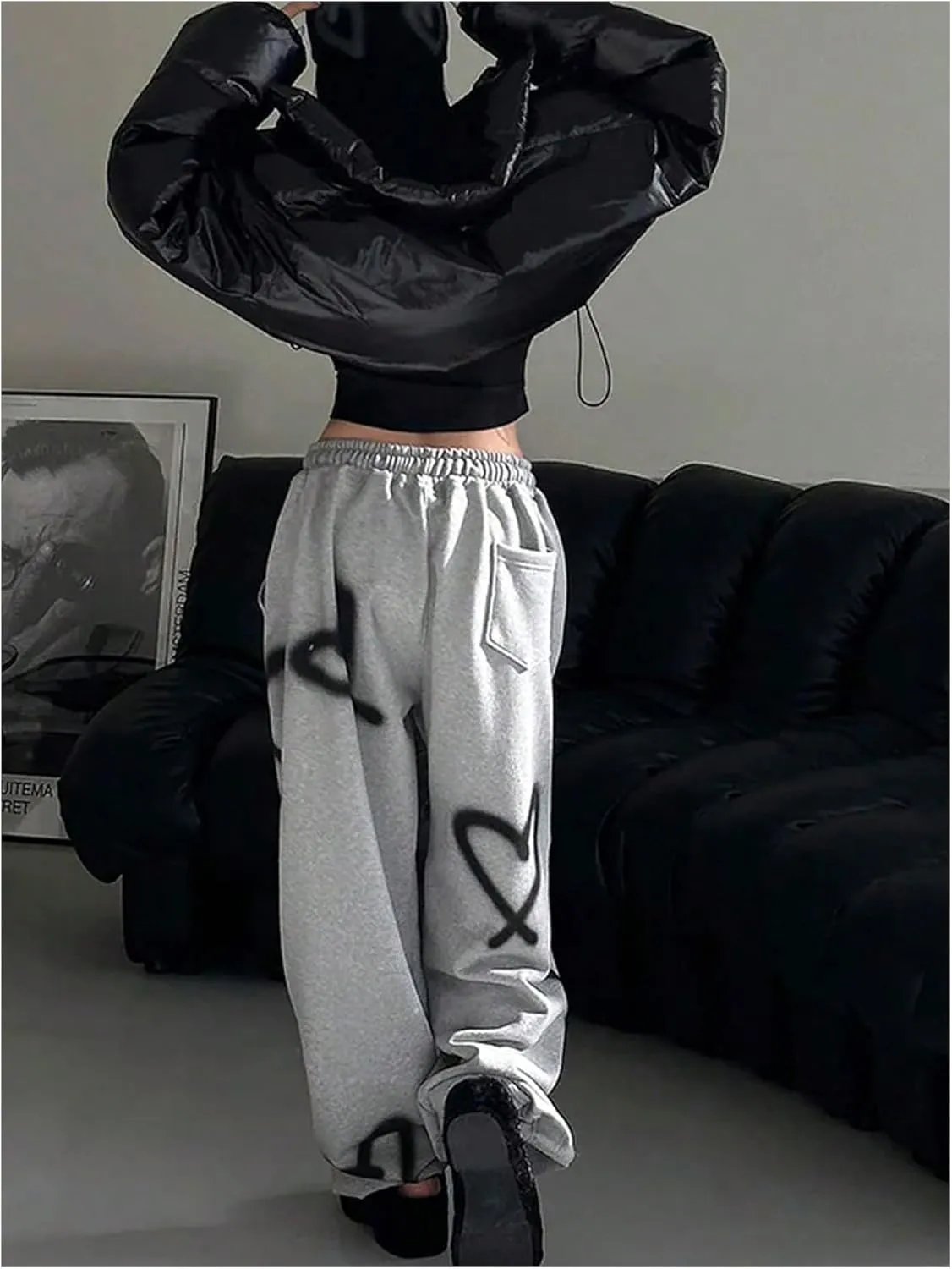 Women's Graphic Heart Print Wide Leg Pants Baggy Drawstring Long Trousers
