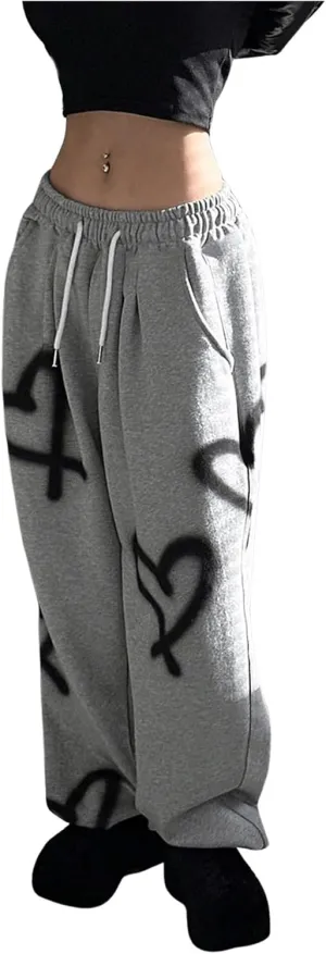 Women's Graphic Heart Print Wide Leg Pants Baggy Drawstring Long Trousers