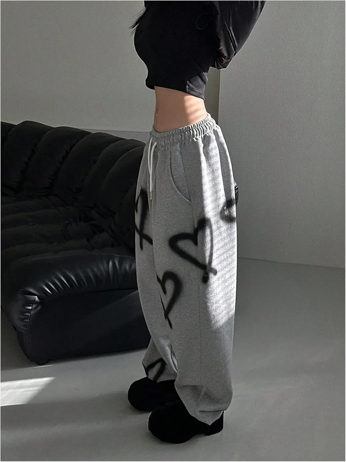 Women's Graphic Heart Print Wide Leg Pants Baggy Drawstring Long Trousers