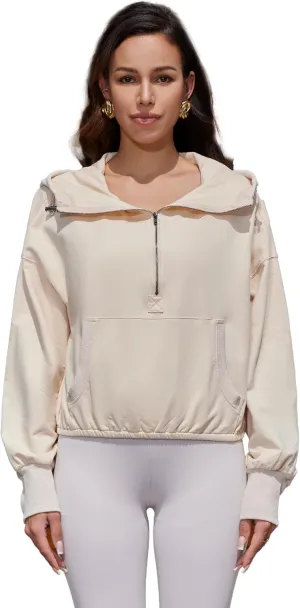 Women's Half Zip Hoodies Cropped Sweatshirts Solid Workout Pullover Tops