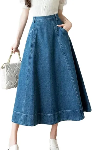 Women's High Waist Long A-Line Denim Skirts Spring Summer Vintage Loose Big Swing Jeans Skirts