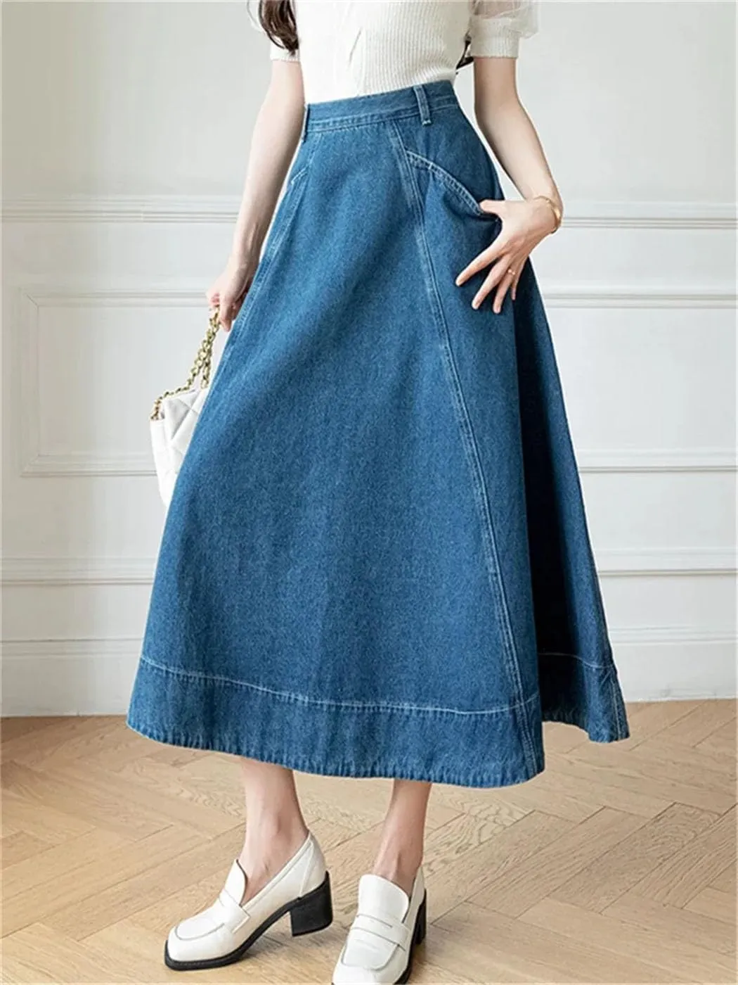 Women's High Waist Long A-Line Denim Skirts Spring Summer Vintage Loose Big Swing Jeans Skirts
