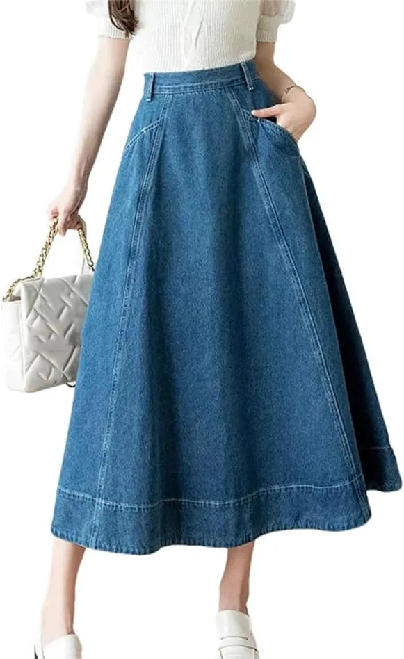 Women's High Waist Long A-Line Denim Skirts Spring Summer Vintage Loose Big Swing Jeans Skirts