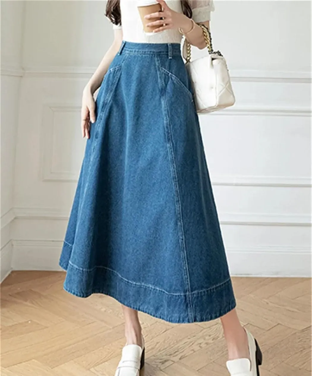 Women's High Waist Long A-Line Denim Skirts Spring Summer Vintage Loose Big Swing Jeans Skirts