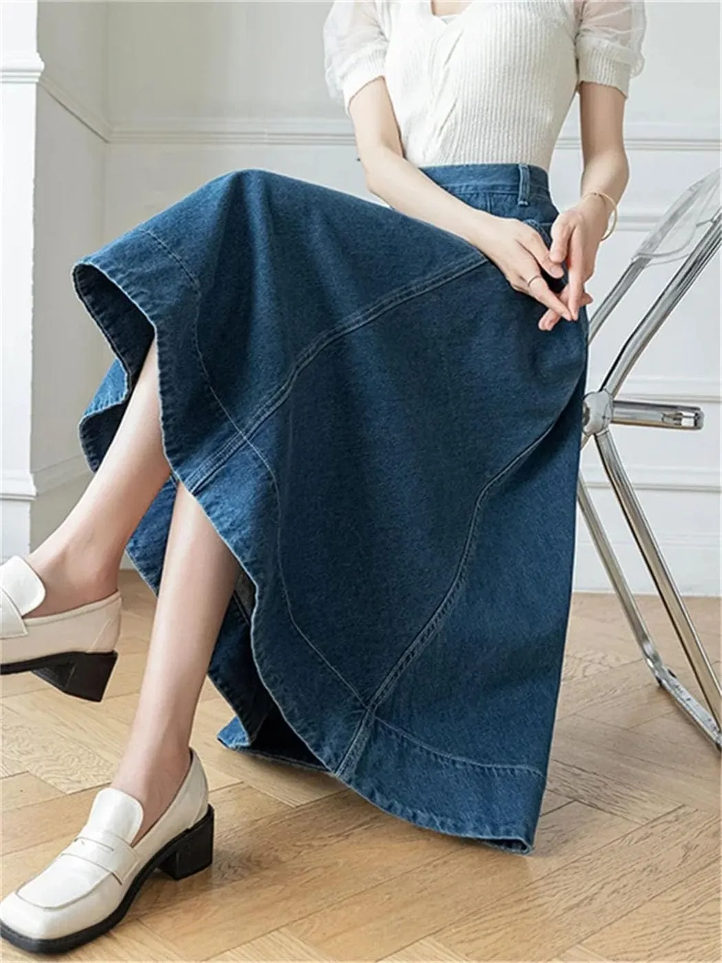 Women's High Waist Long A-Line Denim Skirts Spring Summer Vintage Loose Big Swing Jeans Skirts