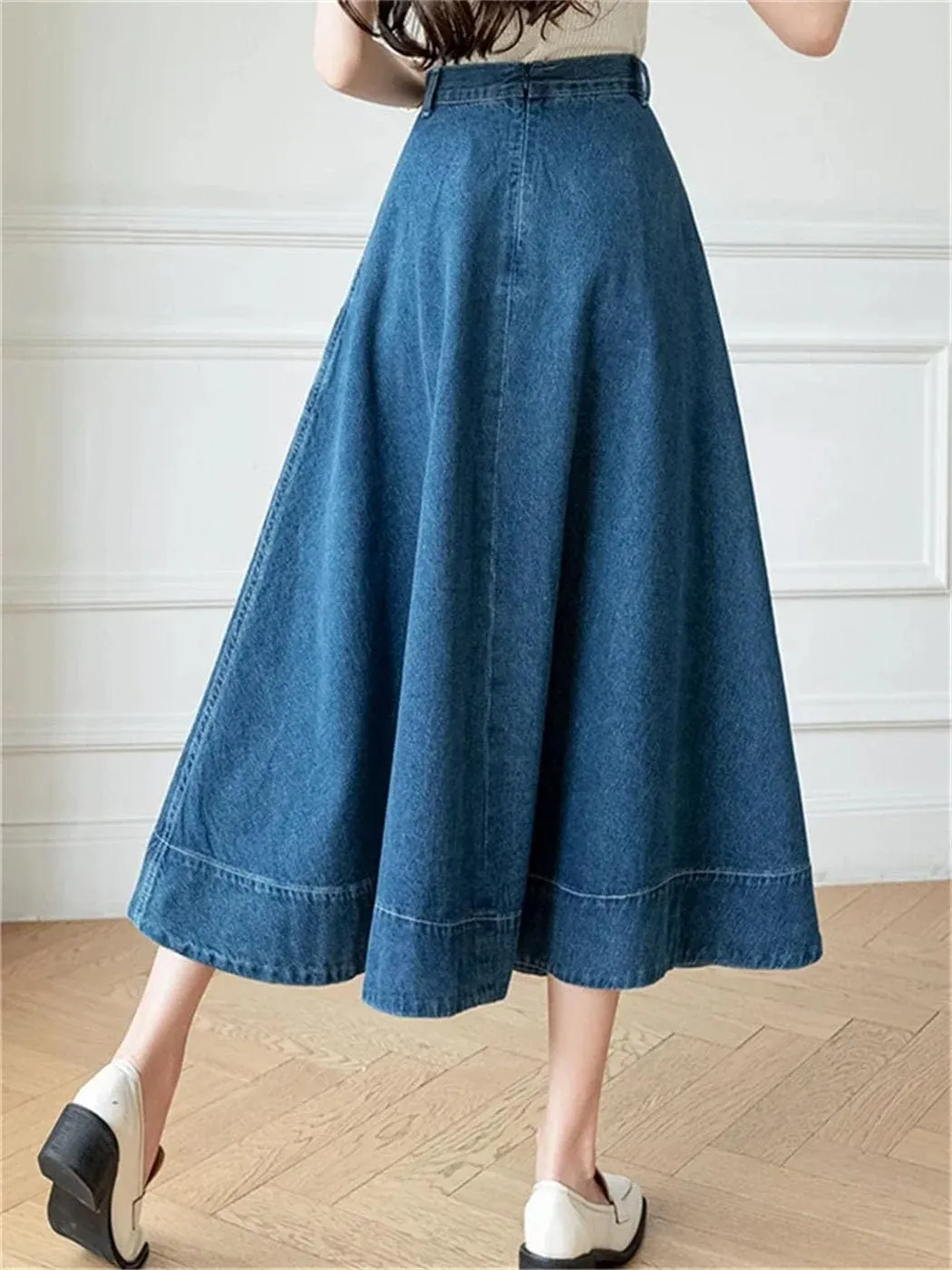 Women's High Waist Long A-Line Denim Skirts Spring Summer Vintage Loose Big Swing Jeans Skirts