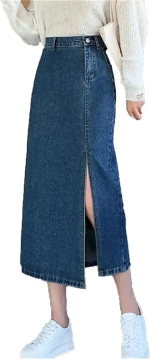 Women's High Waist Side Split Denim Long Skirts Spring Summer Vintage Dark Blue Jeans Skirts
